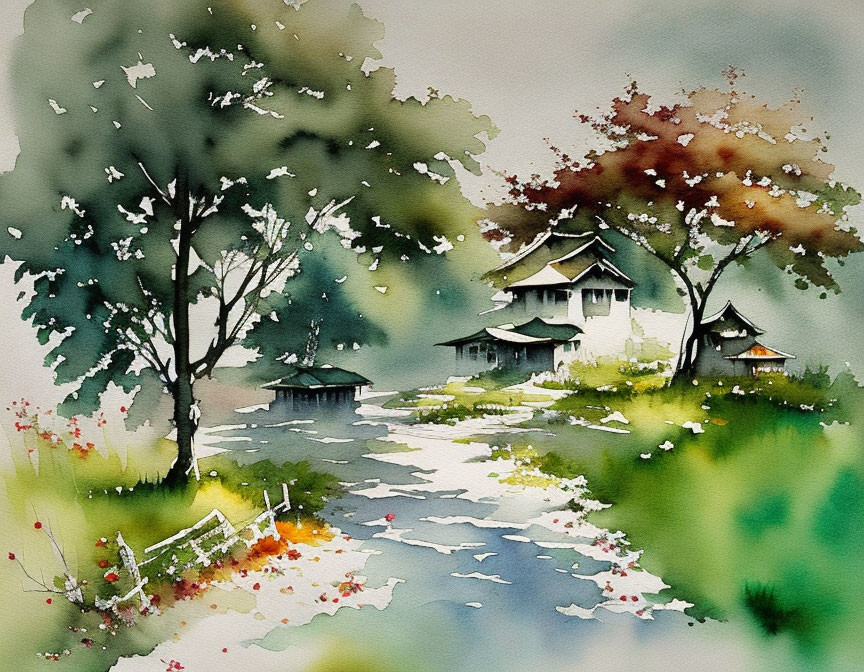 Tranquil watercolor painting of rustic houses and lush trees by a flowing stream