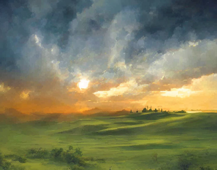 Tranquil landscape painting of rolling green hills under dramatic sunset sky