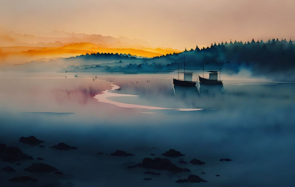 Misty Lake Watercolor Landscape at Dawn