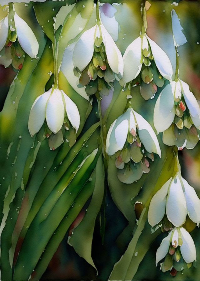 Delicate white bell-shaped flowers in watercolor art