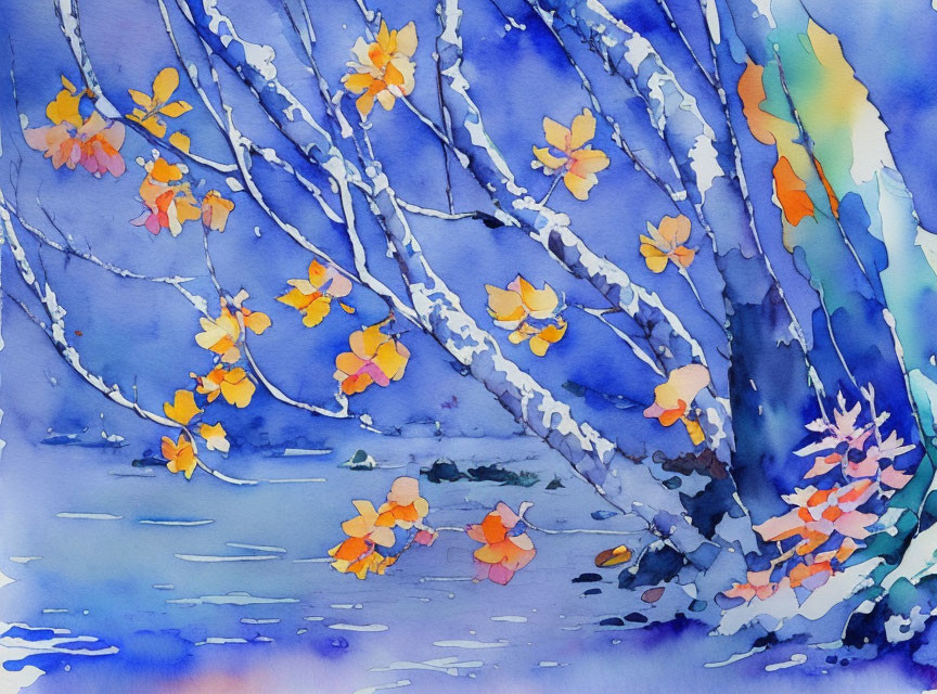 Slender Trees with Orange Leaves in Watercolor