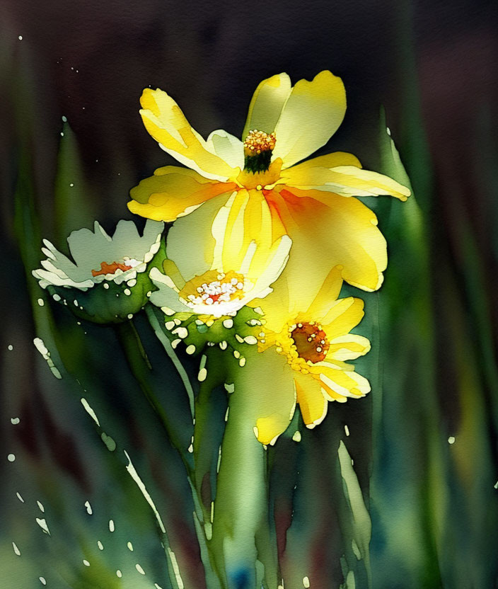 Vibrant Yellow and White Flowers in Watercolor Painting