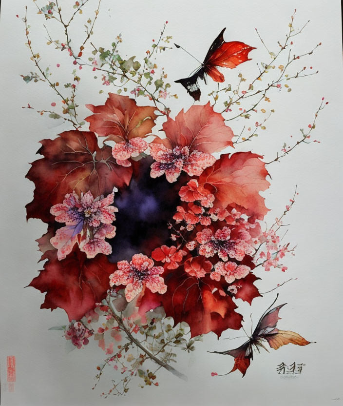 Vibrant red leaves and pink flowers watercolor painting with butterflies on white background.