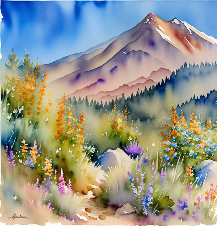 Colorful Watercolor Landscape: Mountain, Forest, Wildflowers