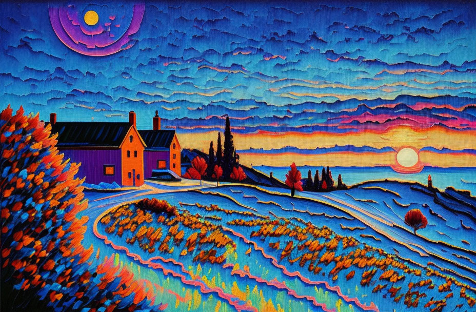 Colorful sunset painting with house by curving road in vibrant fields