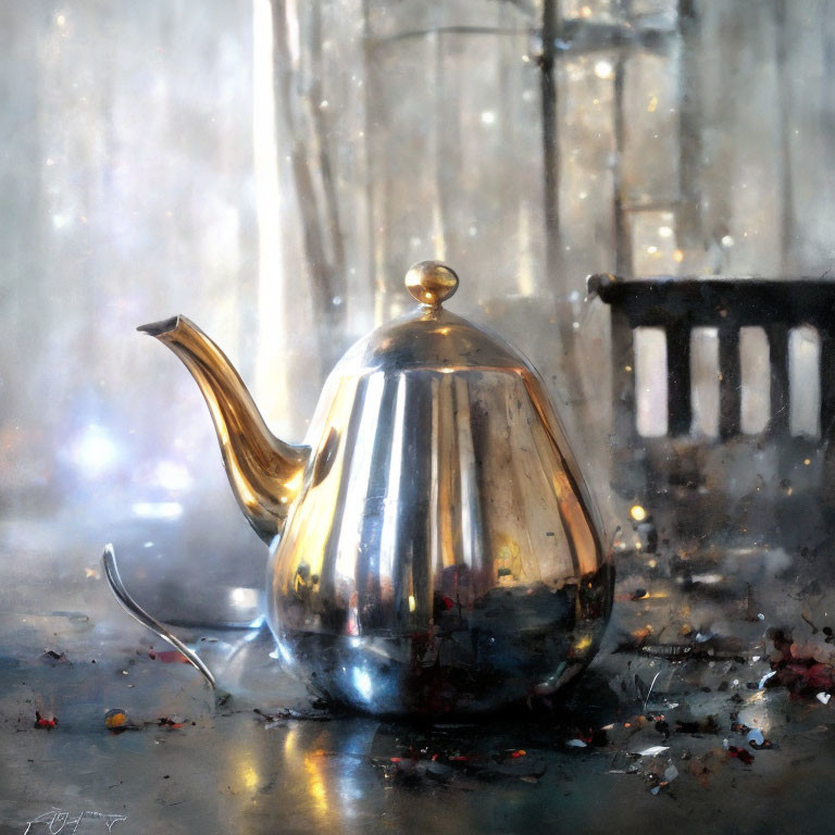 Shiny metal teapot on reflective surface with scattered leaves