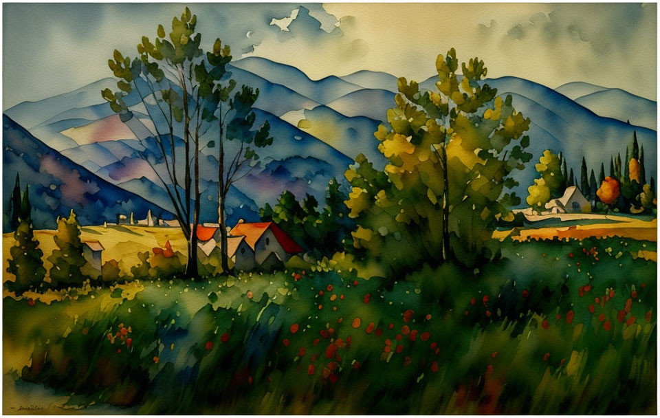 Serene watercolor landscape with green trees, houses, red flowers, and misty mountains