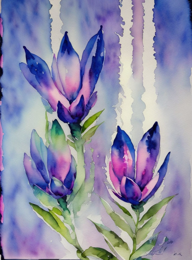 Vibrant purple-blue flowers in watercolor painting