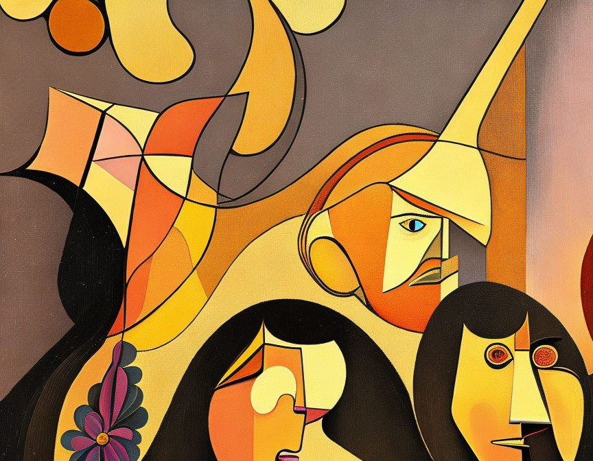 Warm-Toned Abstract Painting with Stylized Faces and Geometric Shapes