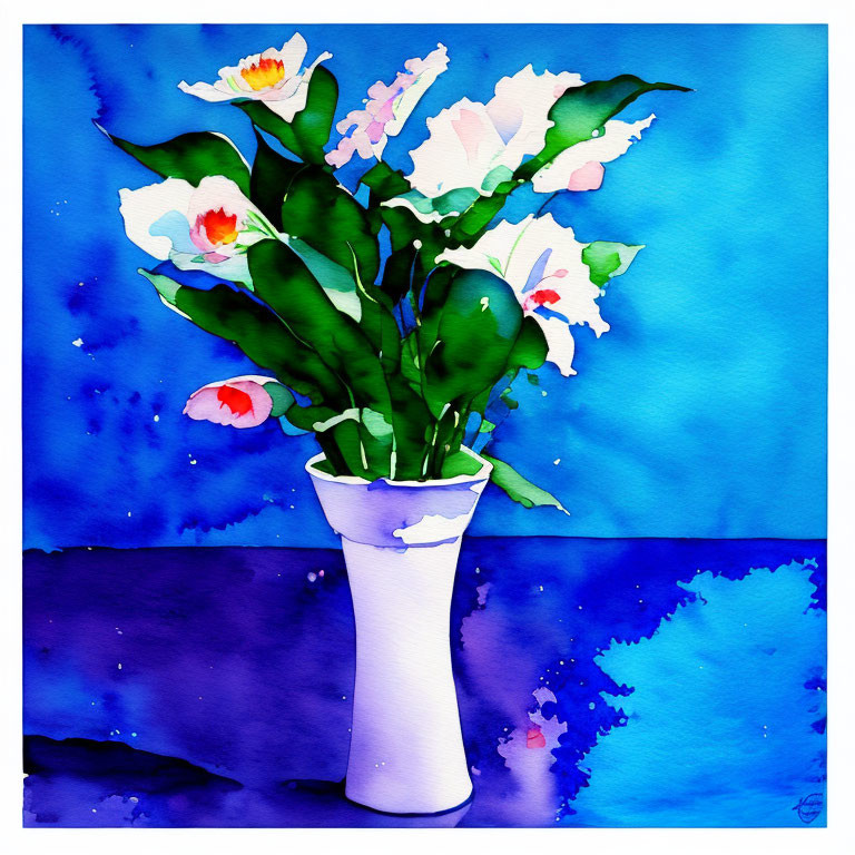 Colorful Watercolor Painting of Flowers in White Vase on Blue Background