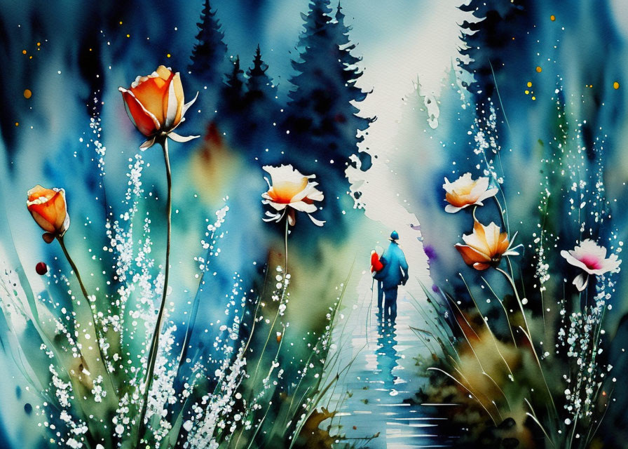 Two individuals strolling through a forest path surrounded by oversized vibrant flowers under a dreamlike blue sky