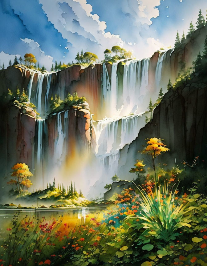 Majestic waterfall surrounded by lush foliage and cliffs