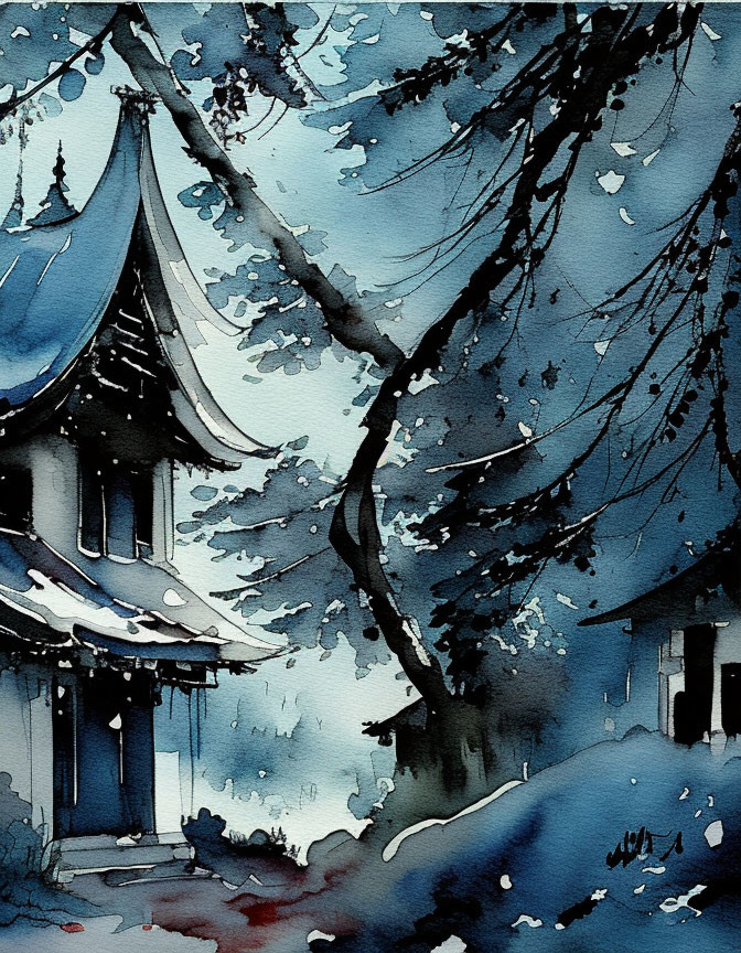 Traditional Asian Pagoda Watercolor Painting at Night with Tree Silhouette