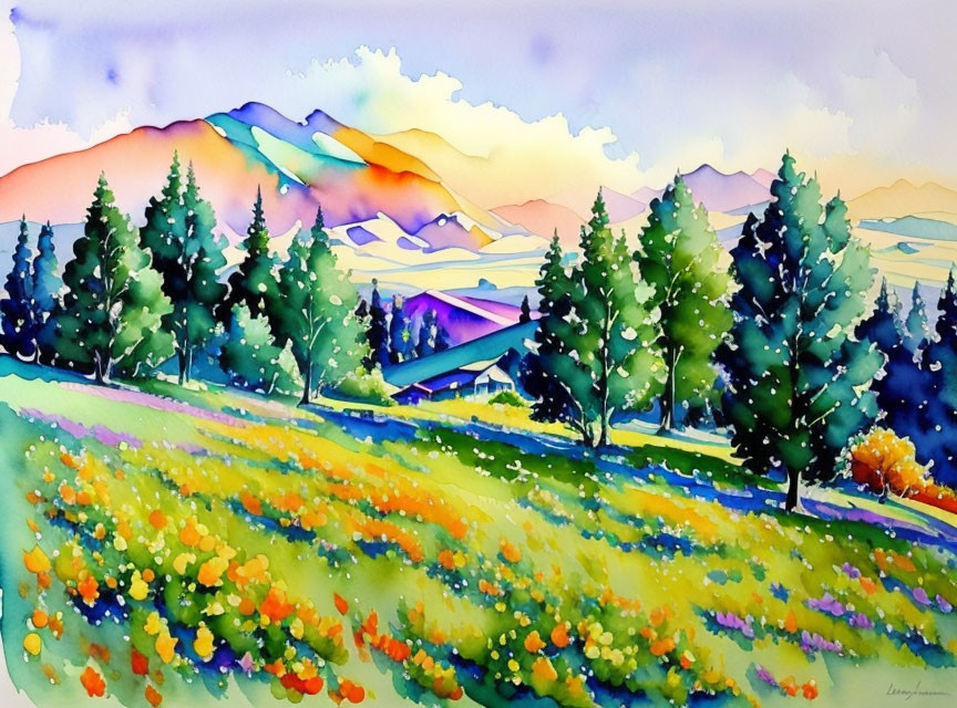 Colorful Watercolor Landscape: Flowery Meadow, House, Evergreen Trees, Colorful Mountains