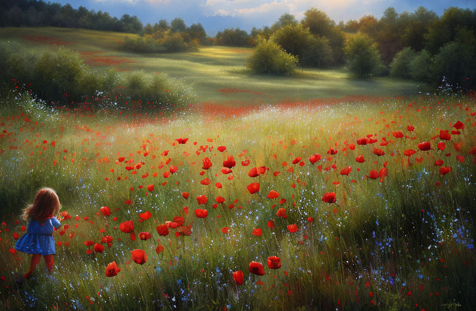 Child in Blue Dress Surrounded by Red Poppies and White Flowers