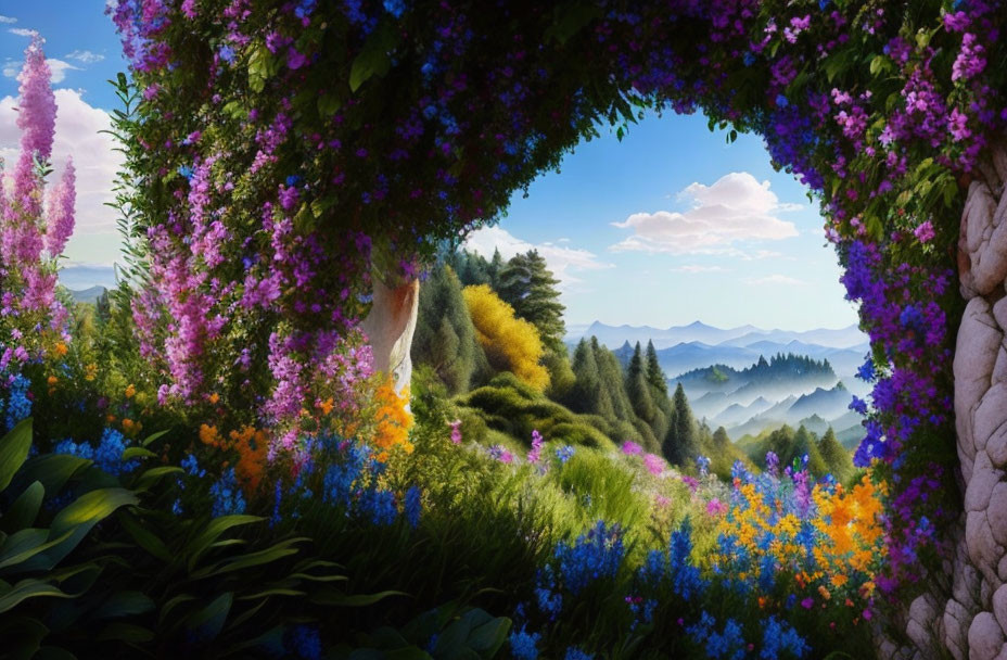 Floral arch landscape with purple blooms and green hills