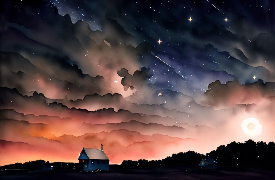 Night Sky Watercolor Illustration with Stars, Meteors, and Silhouetted Houses