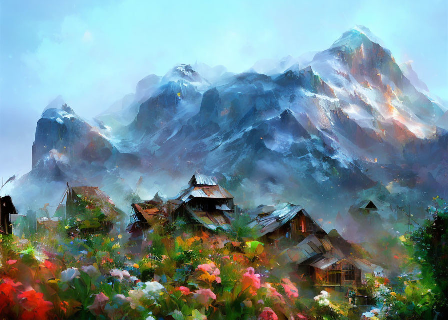 Vibrant painting of mountain village with lush flora and foggy peaks