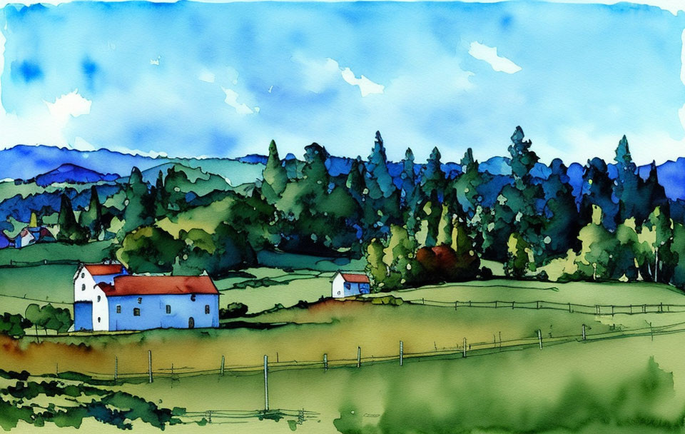 Rural landscape watercolor painting with green fields, trees, white houses, fences, and blue skies