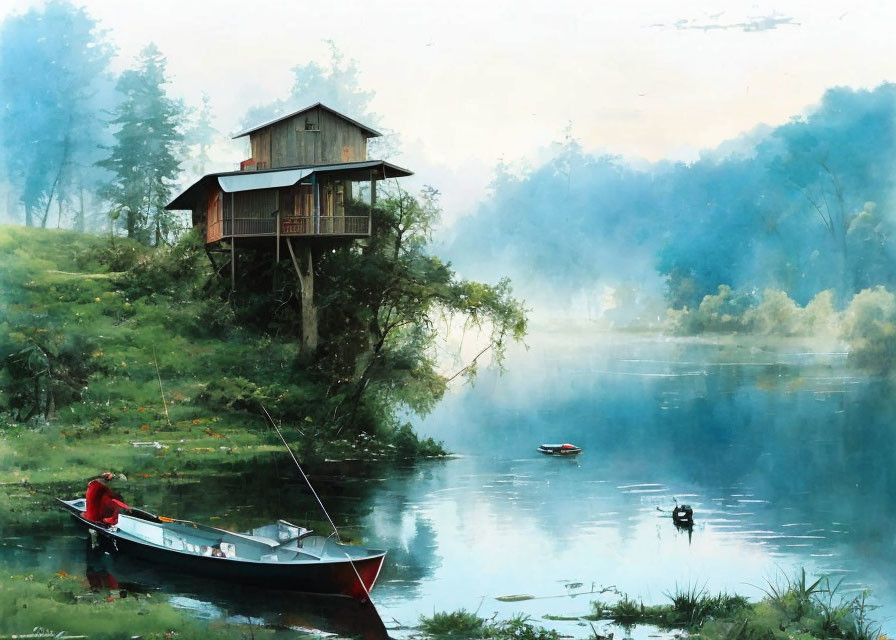 Tranquil lakeside landscape with fishing person and wooden cabin