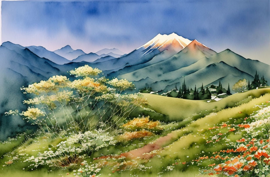 Serene landscape watercolor: snow-capped mountain & wildflowers