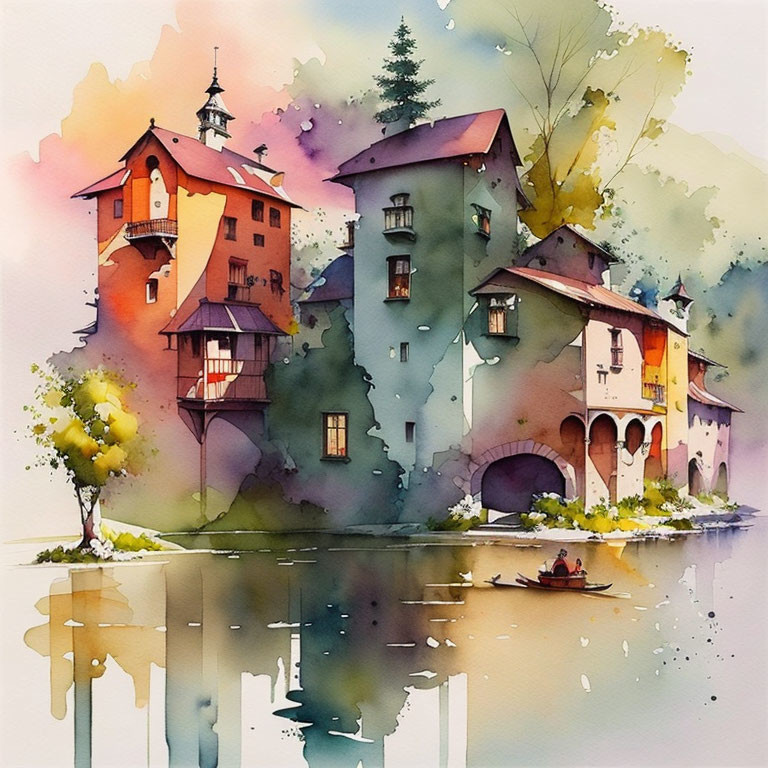 Colorful Watercolor Painting: Whimsical Village, Reflective Buildings, Boat Scene