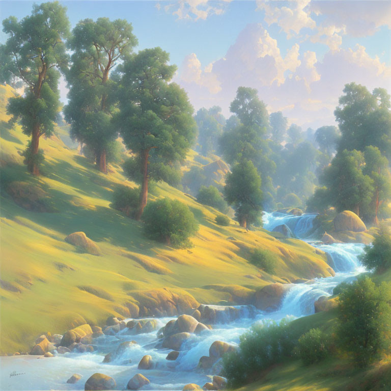 Tranquil landscape painting of a sunlit meadow with a gentle stream