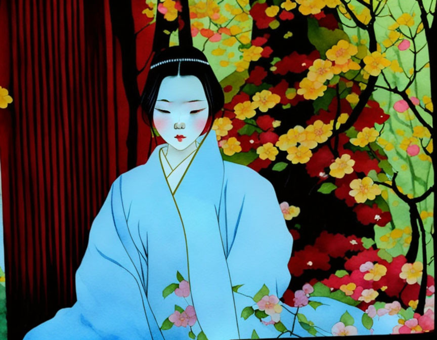 Geisha in Blue Kimono Surrounded by Blossoms on Red and Black Background