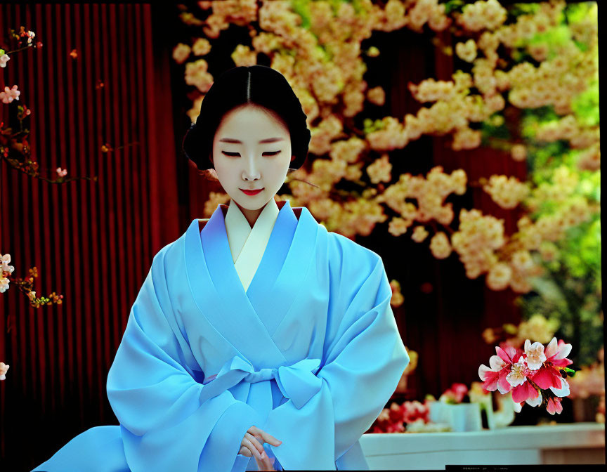 Traditional East Asian Attire Person Amid Pink Flowers and Wooden Structure