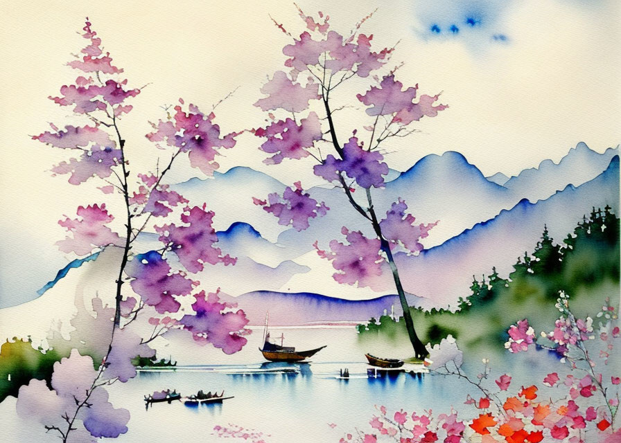 Pink Blossoming Trees & Mountain Landscape with Tranquil Lake