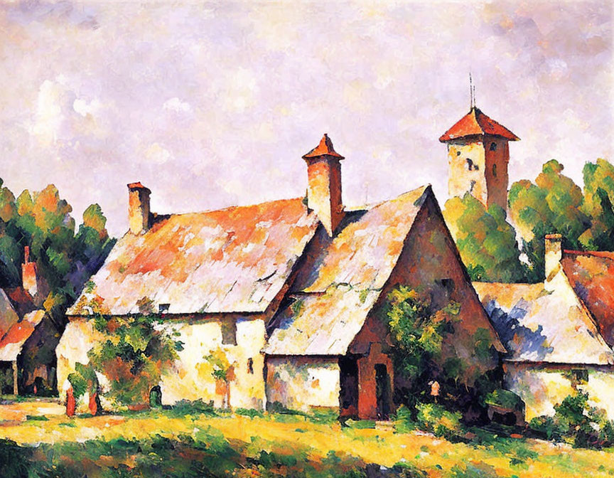 Impressionist-style painting of rural village with red roofs and lush greenery