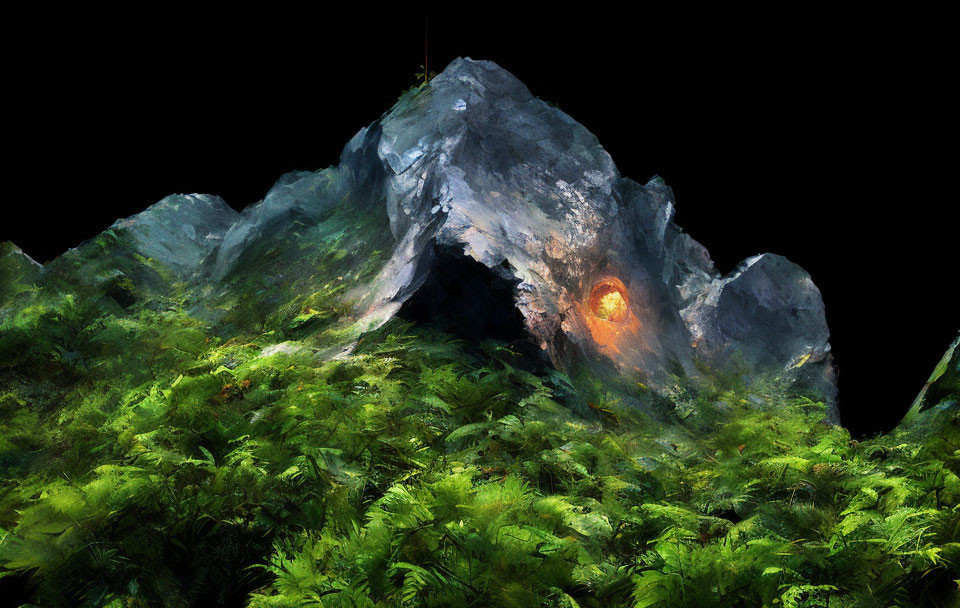 Mystical Mountain Cave with Glowing Entrance and Green Foliage