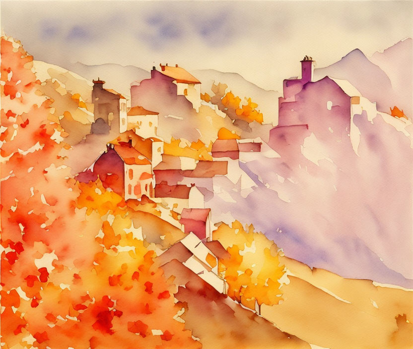 Scenic watercolor painting of hillside village and misty mountains