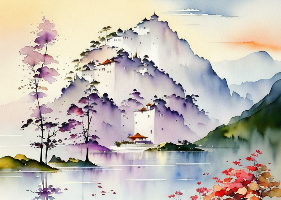 Vibrant watercolor: Mountain castle in mist with lush flora.