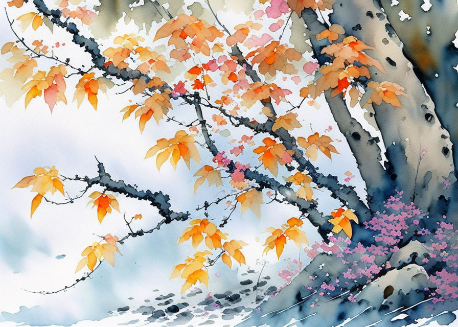 Serene Landscape Watercolor with Orange Leaves and Pink Flowers