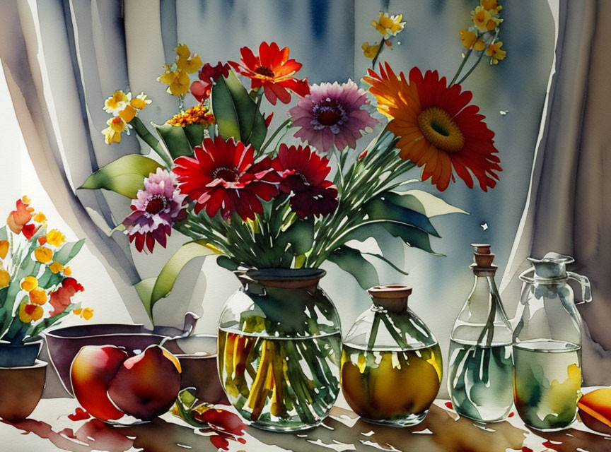 Colorful Watercolor Still Life with Flowers, Bottles, and Apples in Sunlit Room