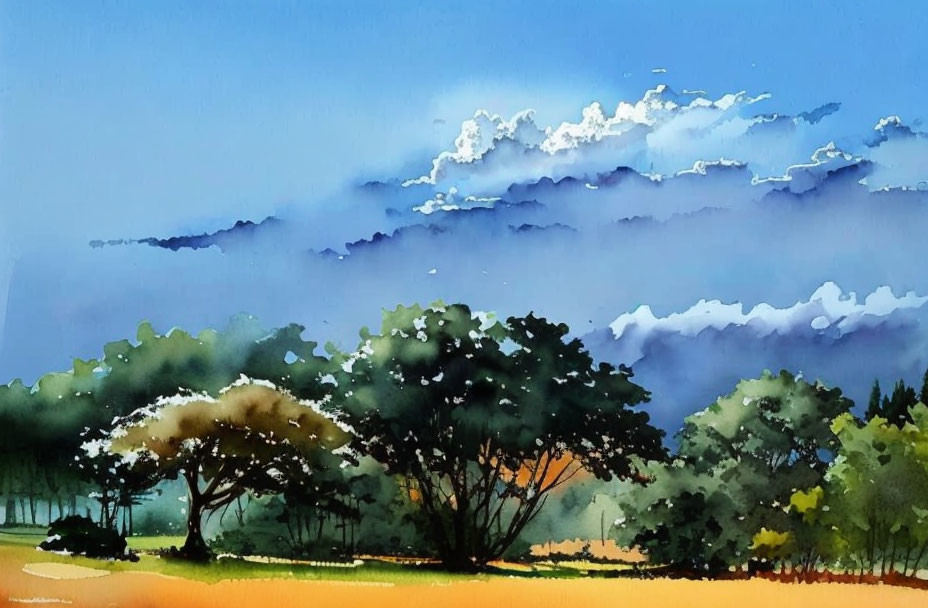 Landscape watercolor painting: bright sky, fluffy clouds, lush green trees, white blooms.