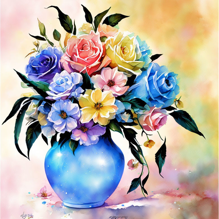 Colorful Watercolor Painting of Bouquet with Roses in Blue Vase