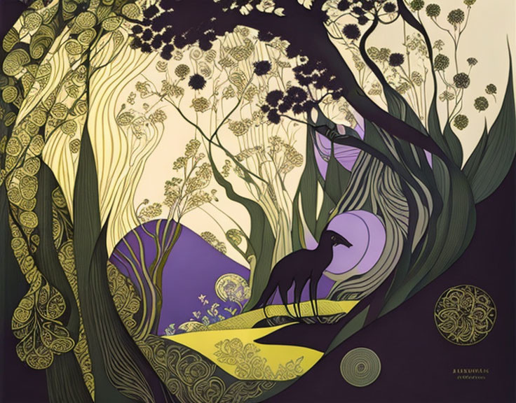 Art Nouveau-style illustration with trees, patterns, flowers, and a fox in a mystical night scene