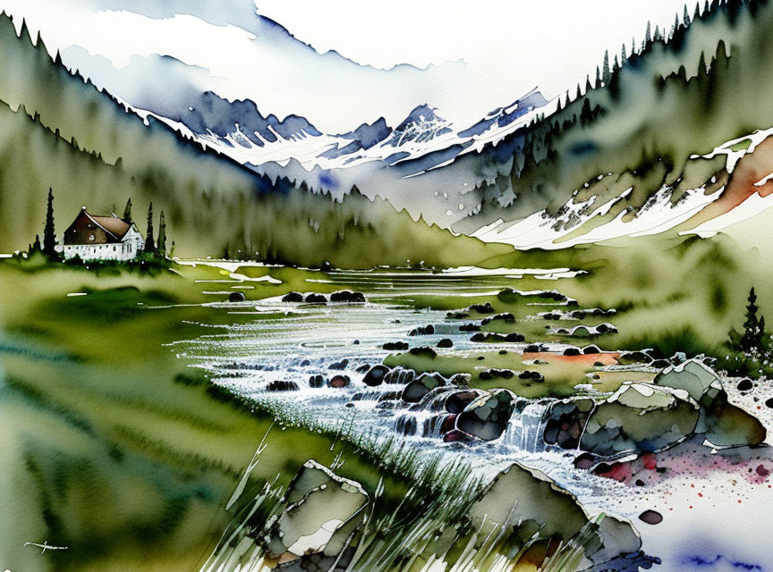 Serene mountain landscape with cabin by river in watercolor