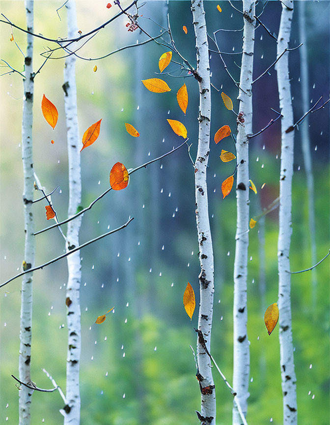 Tranquil forest scene with white birch trees and golden leaves
