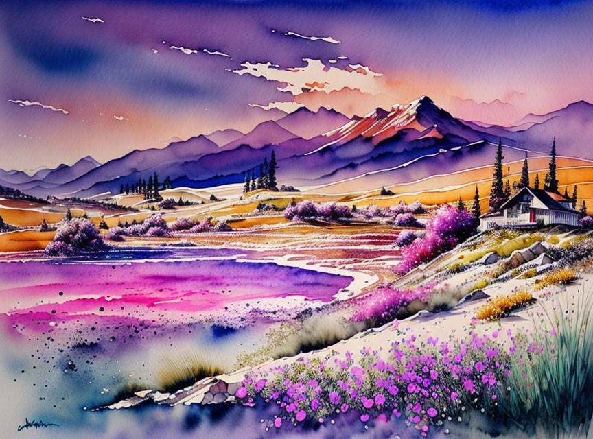 Scenic watercolor landscape with wildflowers, river, hills, mountains, and cottage