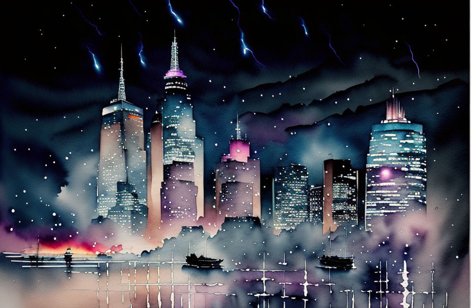 City skyline watercolor painting: night scene with skyscrapers, waterfront, boats, stormy sky