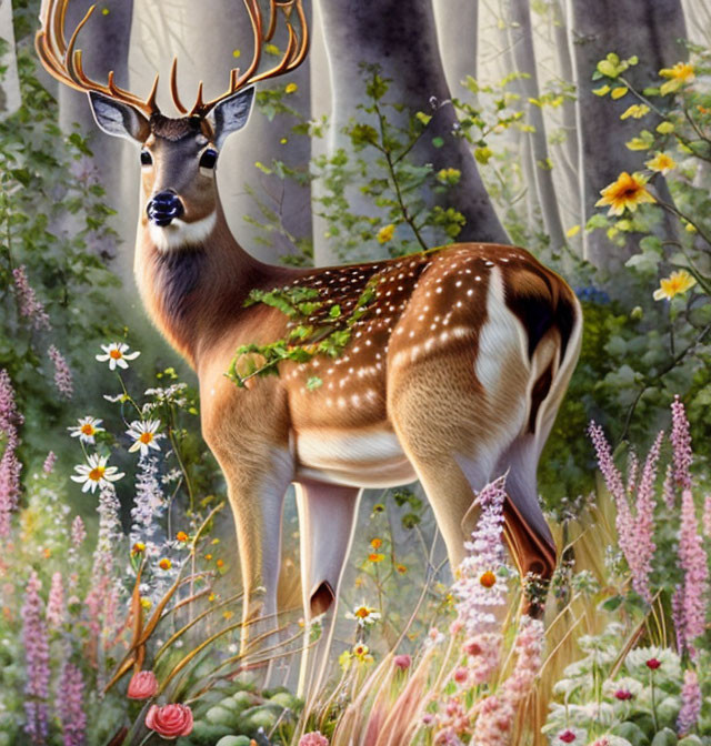 Majestic deer with prominent antlers in vibrant forest landscape