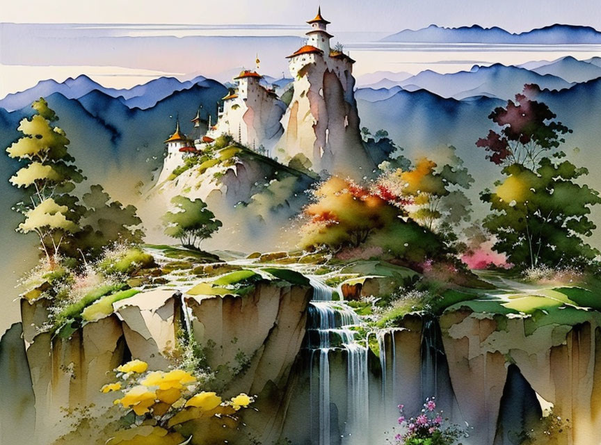 Colorful Watercolor Painting of Cliff-Top Castles & Nature Scene