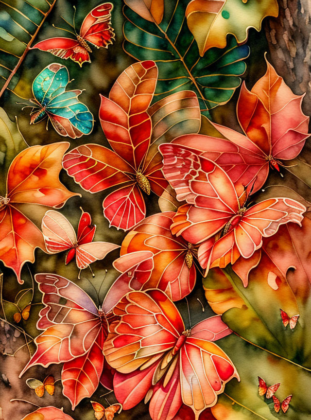 Colorful Butterflies with Intricate Wing Patterns Resting on Leafy Foliage