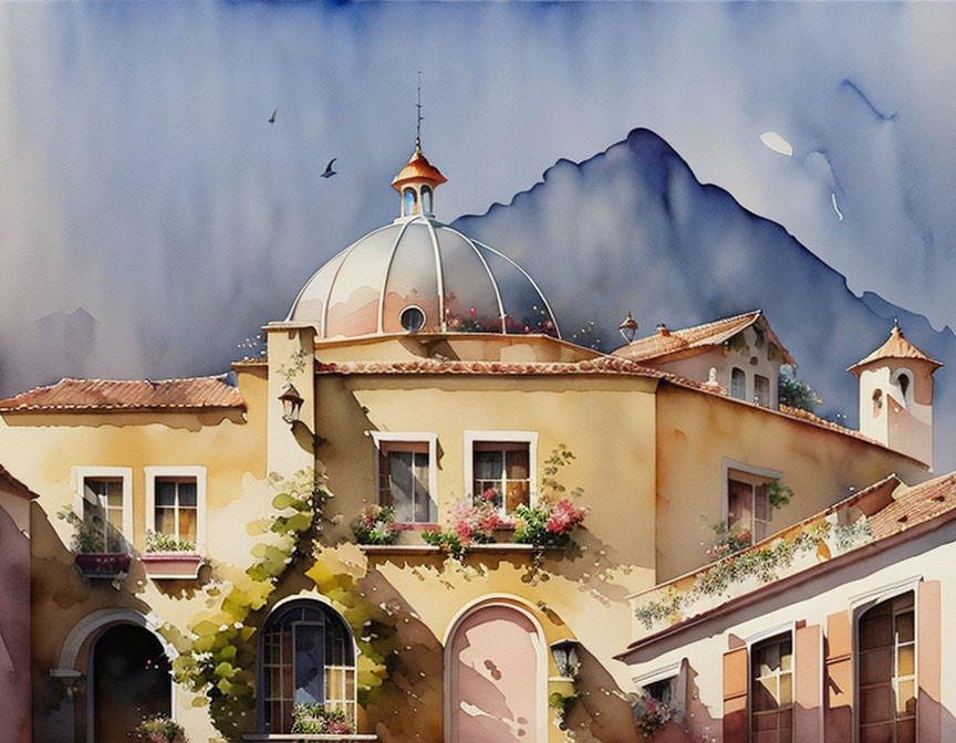 Classic Building with Dome and Flowering Vines in Watercolor Art