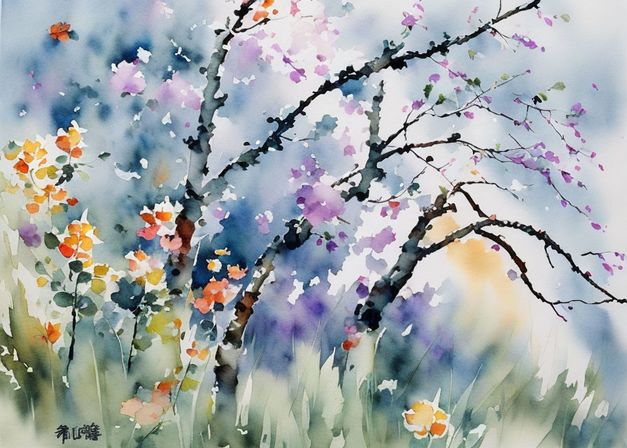 Vibrant watercolor painting of blossoming trees and butterfly