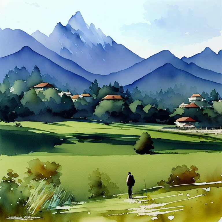 Serene landscape watercolor painting with mountains, green fields, and lone figure