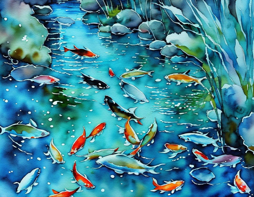 Colorful Koi Fish Swimming in Blue Pond with Green Foliage